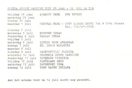 Golden Earring tour itinerary June 1974 as supplied by former roadie Norbert van Westrienen
